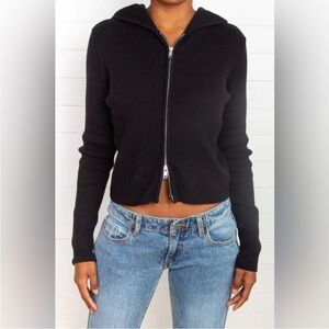 Brandy Melville Black Zip Up Ribbed Arden Hoodie Top